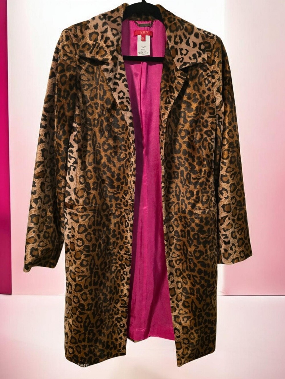 Vtg 90’s Medium ABS Allen Schwartz Leopard Print Faux Fur Coat With Pink Lining